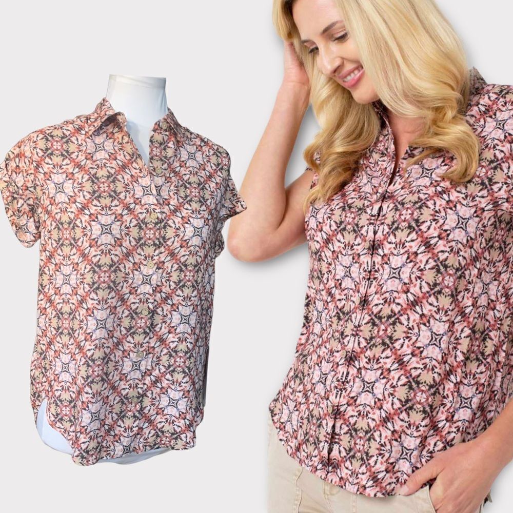 NWT Liverpool Rolled Sleeve Button Front blouse Abstract Dye Sz XS $68